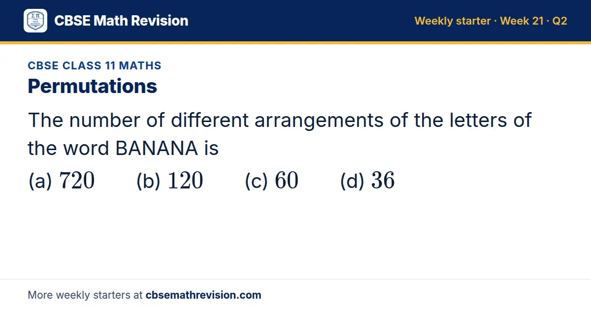 CBSE Class 11 Maths starter question on Permutations: The number of different arrangements of the letters of the word BANANA is (a) 720 (b) 120 (c) 60 (d) 36