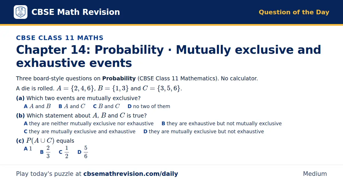 CBSE Class 11 Maths Question of the Day on Probability · Mutually exclusive and exhaustive events, a 3-part multiple-choice question: Three board-style questions on Probability (CBSE Class 11 Mathematics). No calculator. A die is rolled. A = 2, 4…