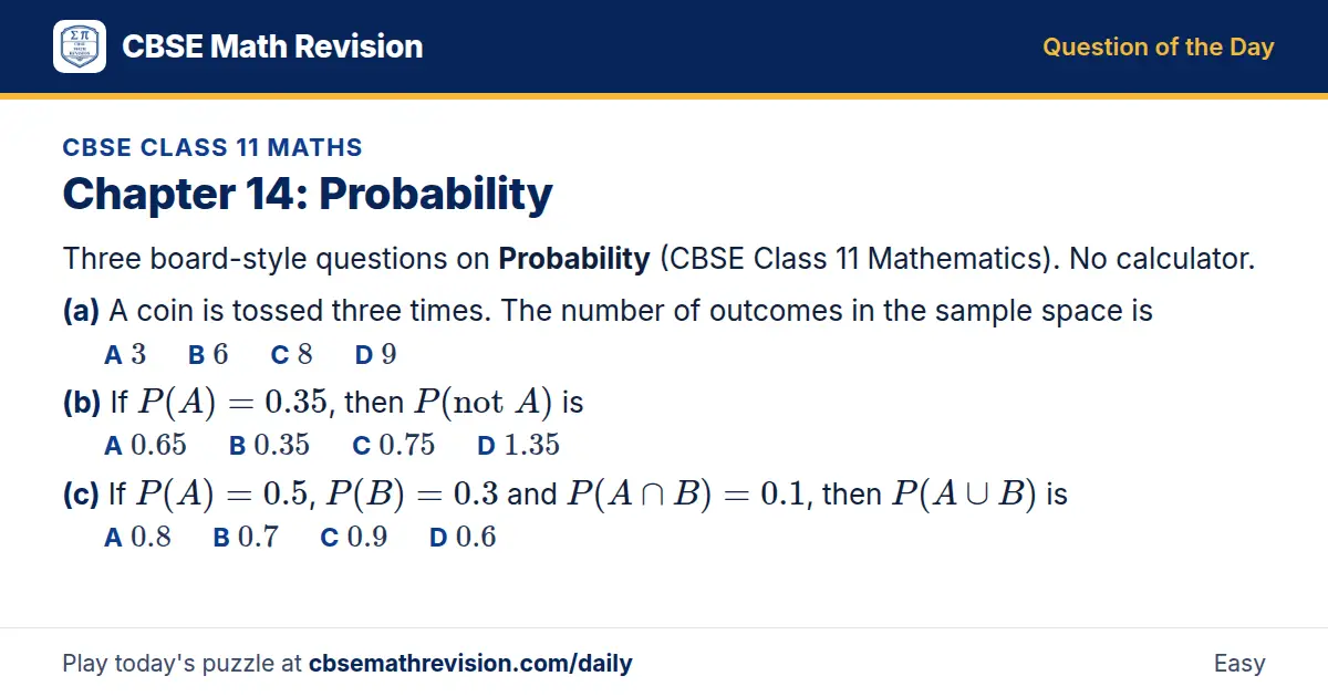 CBSE Class 11 Maths Question of the Day on Probability, a 3-part multiple-choice question: Three board-style questions on Probability (CBSE Class 11 Mathematics). No calculator. (a) A coin is tossed three times. The number of outcomes in the sample…