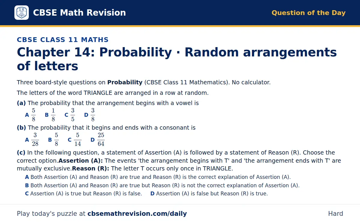 CBSE Class 11 Maths Question of the Day on Probability · Random arrangements of letters, a 3-part multiple-choice question: Three board-style questions on Probability (CBSE Class 11 Mathematics). No calculator. The letters of the word TRIANGLE are…