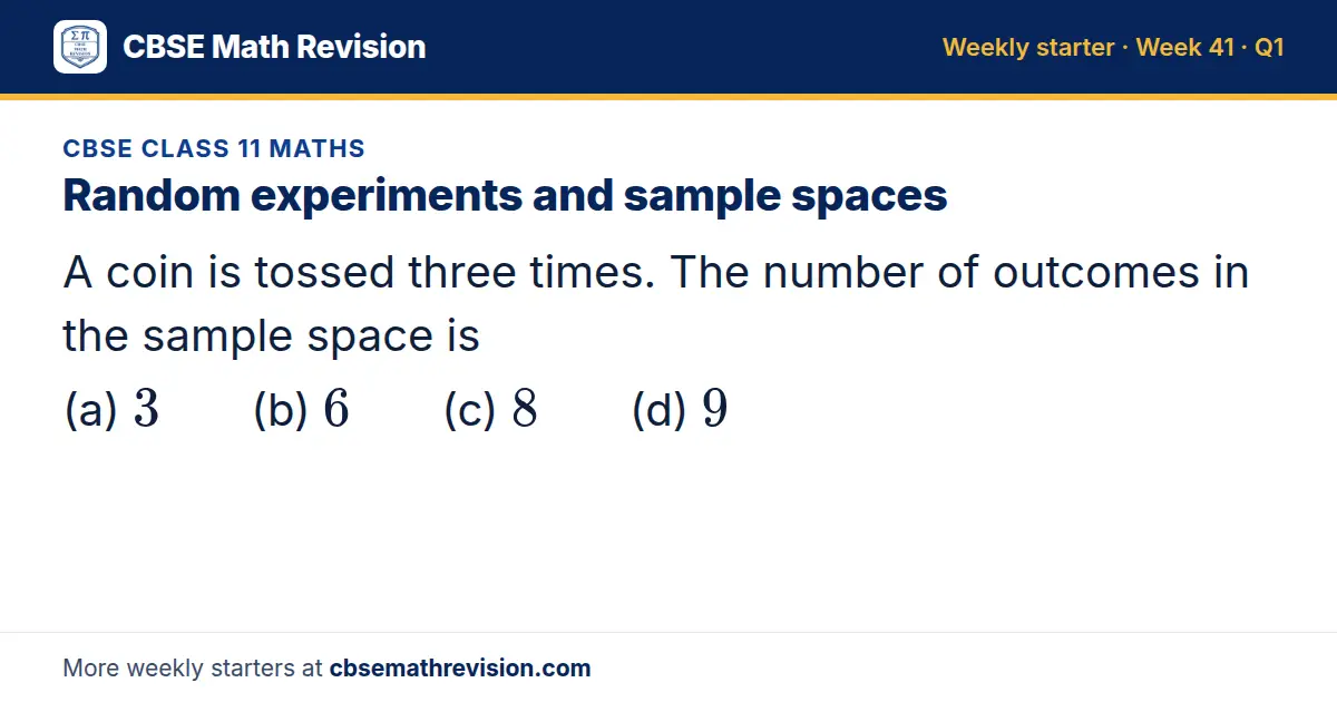CBSE Class 11 Maths starter question on Random experiments and sample spaces: A coin is tossed three times. The number of outcomes in the sample space is (a) 3 (b) 6 (c) 8 (d) 9