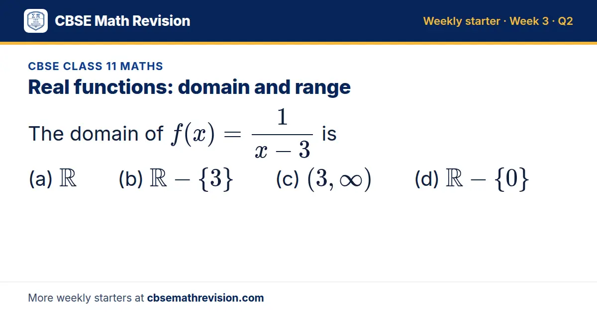 CBSE Class 11 Maths starter question on Real functions: domain and range: The domain of f(x) = 1/(x - 3) is (a) ℝ (b) ℝ - 3 (c) (3, ∞) (d) ℝ - 0