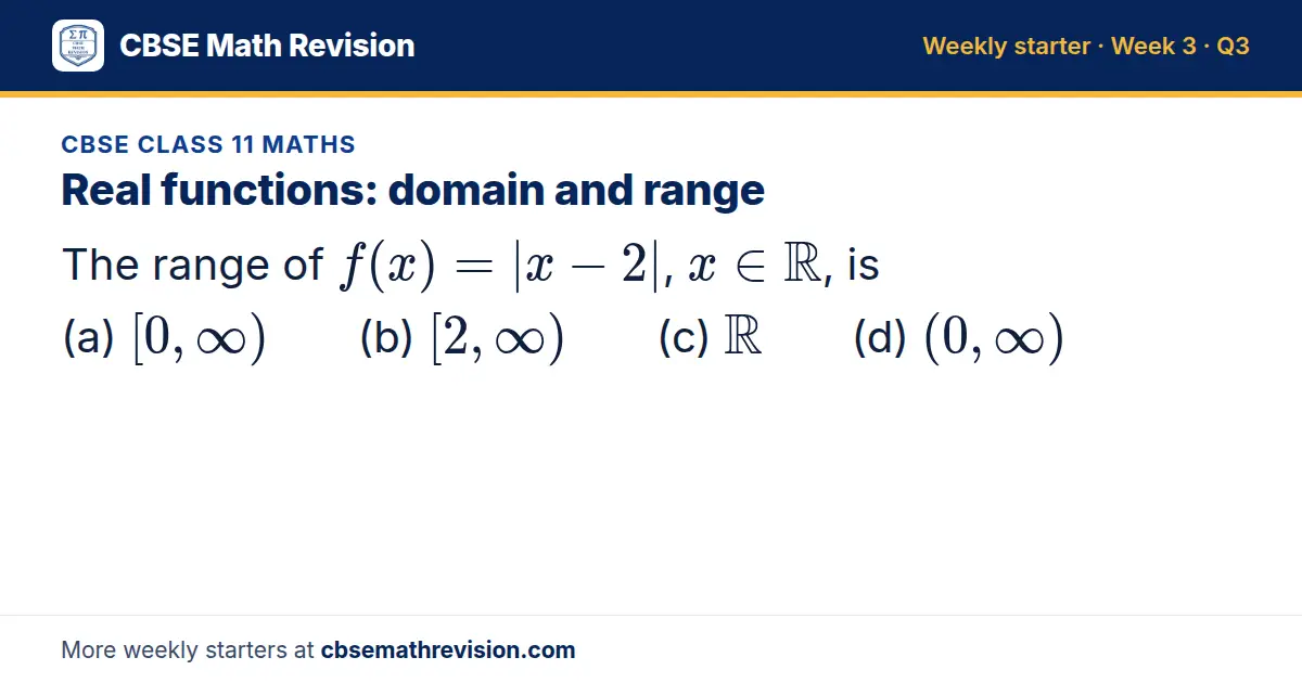 CBSE Class 11 Maths starter question on Real functions: domain and range: The range of f(x) = |x - 2|, x ∈ ℝ, is (a) [0, ∞) (b) [2, ∞) (c) ℝ (d) (0, ∞)