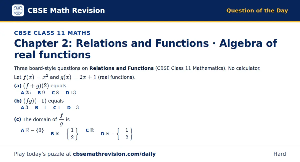 CBSE Class 11 Maths Question of the Day on Relations and Functions · Algebra of real functions, a 3-part multiple-choice question: Three board-style questions on Relations and Functions (CBSE Class 11 Mathematics). No calculator. Let f(x) = x² and…
