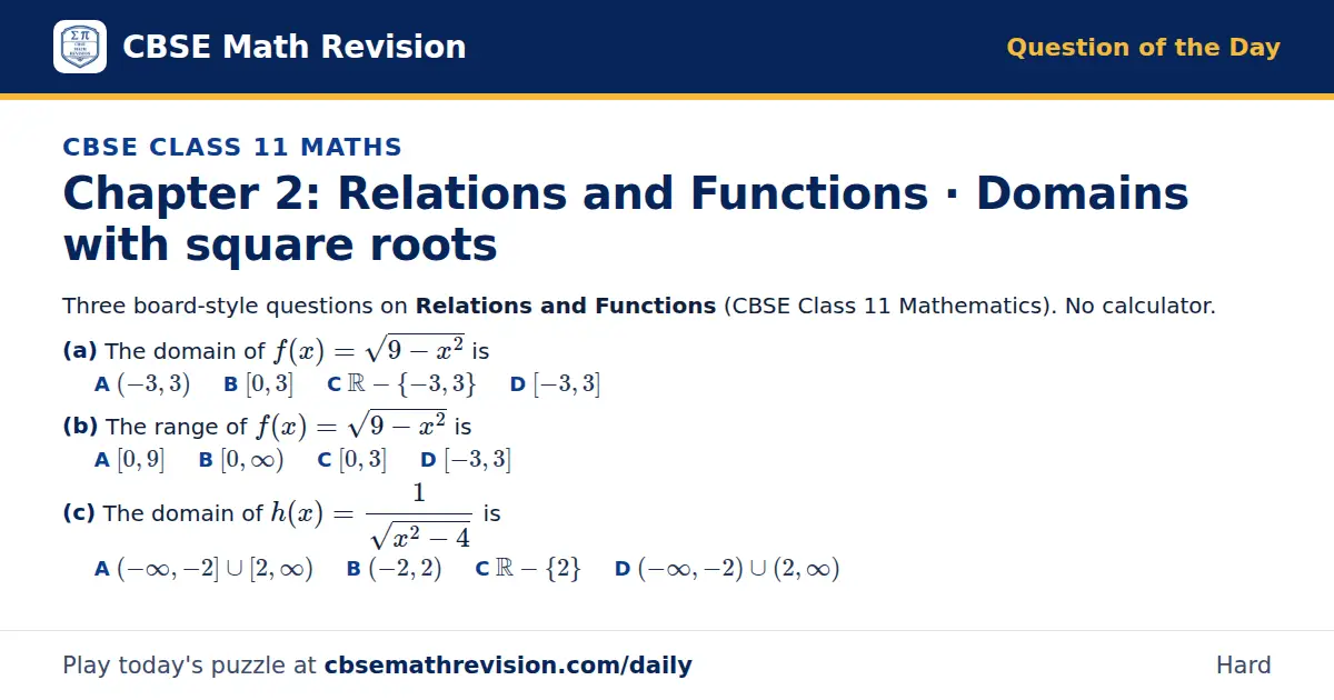 CBSE Class 11 Maths Question of the Day on Relations and Functions · Domains with square roots, a 3-part multiple-choice question: Three board-style questions on Relations and Functions (CBSE Class 11 Mathematics). No calculator. (a) The domain of…
