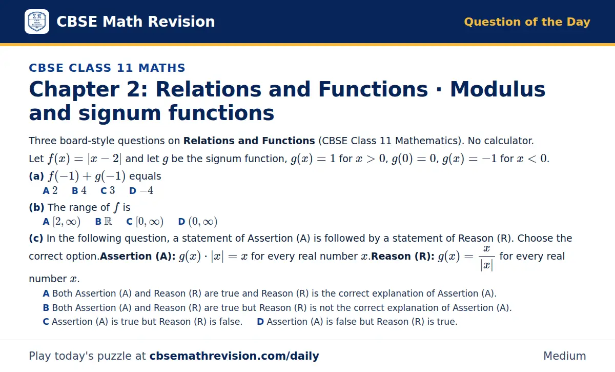 CBSE Class 11 Maths Question of the Day on Relations and Functions · Modulus and signum functions, a 3-part multiple-choice question: Three board-style questions on Relations and Functions (CBSE Class 11 Mathematics). No calculator. Let f(x) = |x…