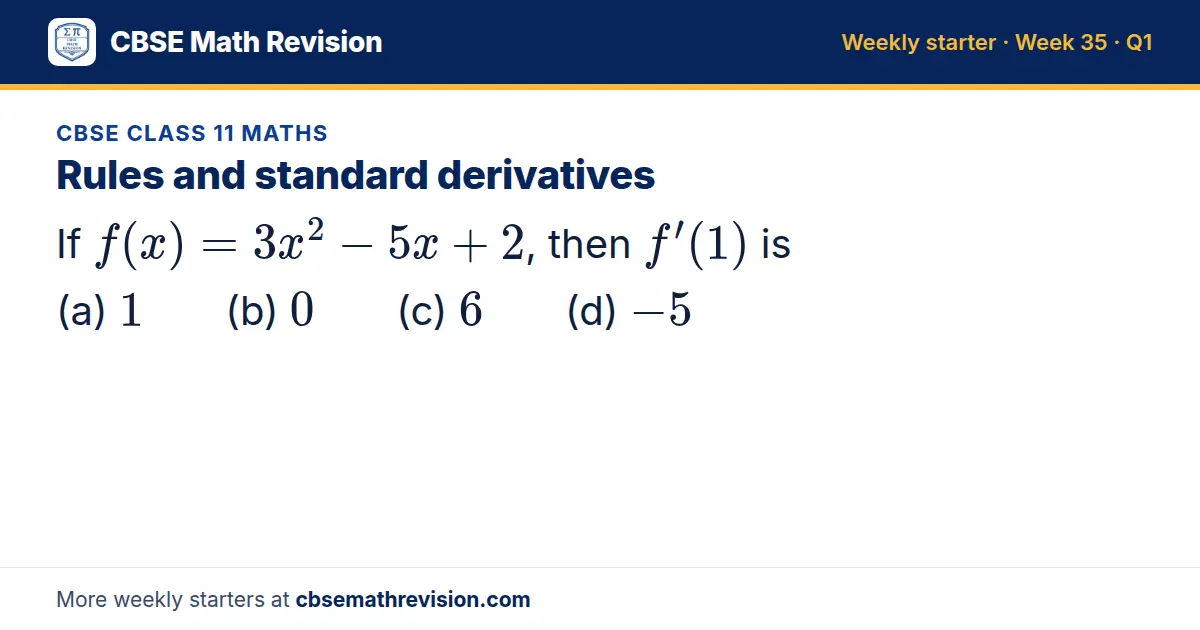 CBSE Class 11 Maths starter question on Rules and standard derivatives: If f(x) = 3x² - 5x + 2, then f'(1) is (a) 1 (b) 0 (c) 6 (d) -5