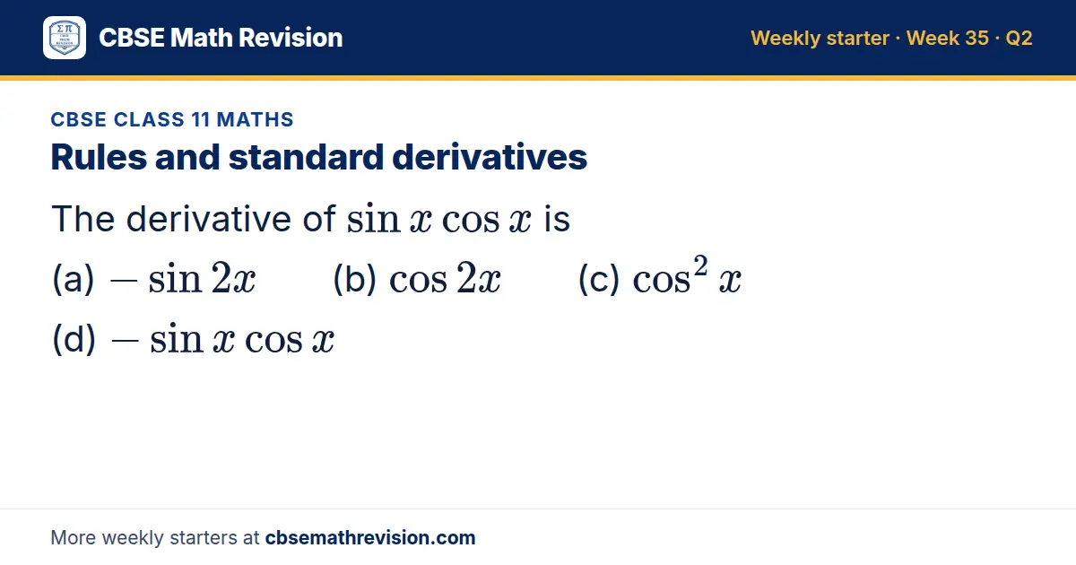 CBSE Class 11 Maths starter question on Rules and standard derivatives: The derivative of sin xcos x is (a) -sin 2x (b) cos 2x (c) cos² x (d) -sin xcos x