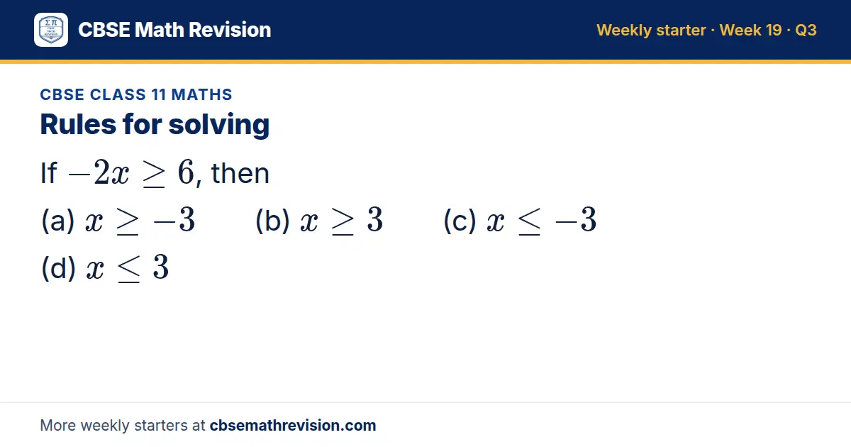 CBSE Class 11 Maths starter question on Rules for solving: If -2x ≥ 6, then (a) x ≥ -3 (b) x ≥ 3 (c) x ≤ -3 (d) x ≤ 3