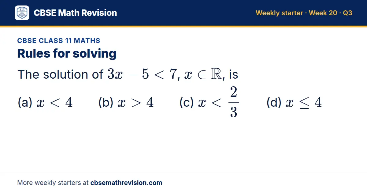 CBSE Class 11 Maths starter question on Rules for solving: The solution of 3x - 5 < 7, x ∈ ℝ, is (a) x < 4 (b) x > 4 (c) x < 23 (d) x ≤ 4