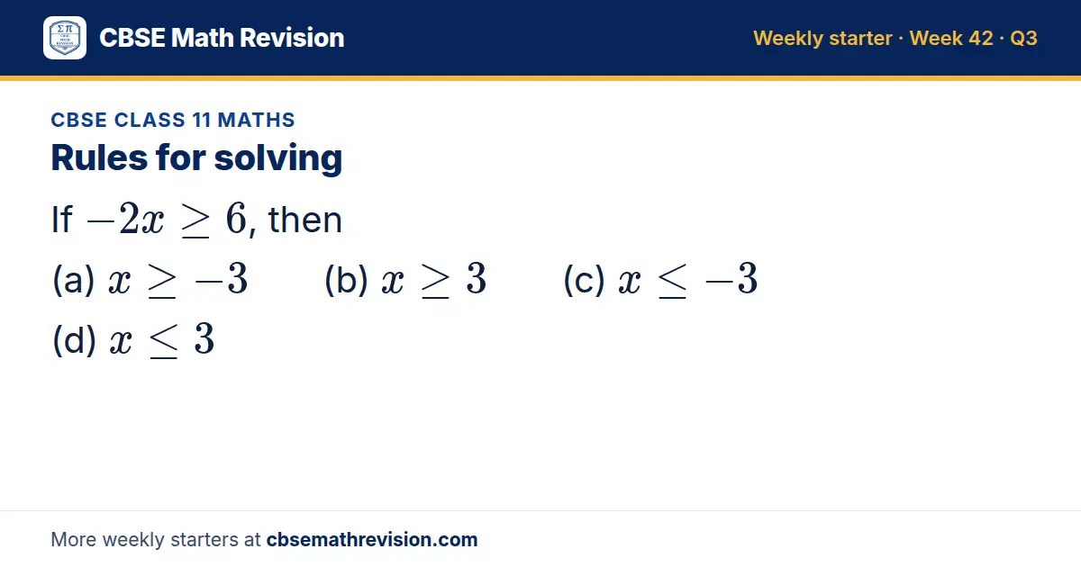 CBSE Class 11 Maths starter question on Rules for solving: If -2x ≥ 6, then (a) x ≥ -3 (b) x ≥ 3 (c) x ≤ -3 (d) x ≤ 3