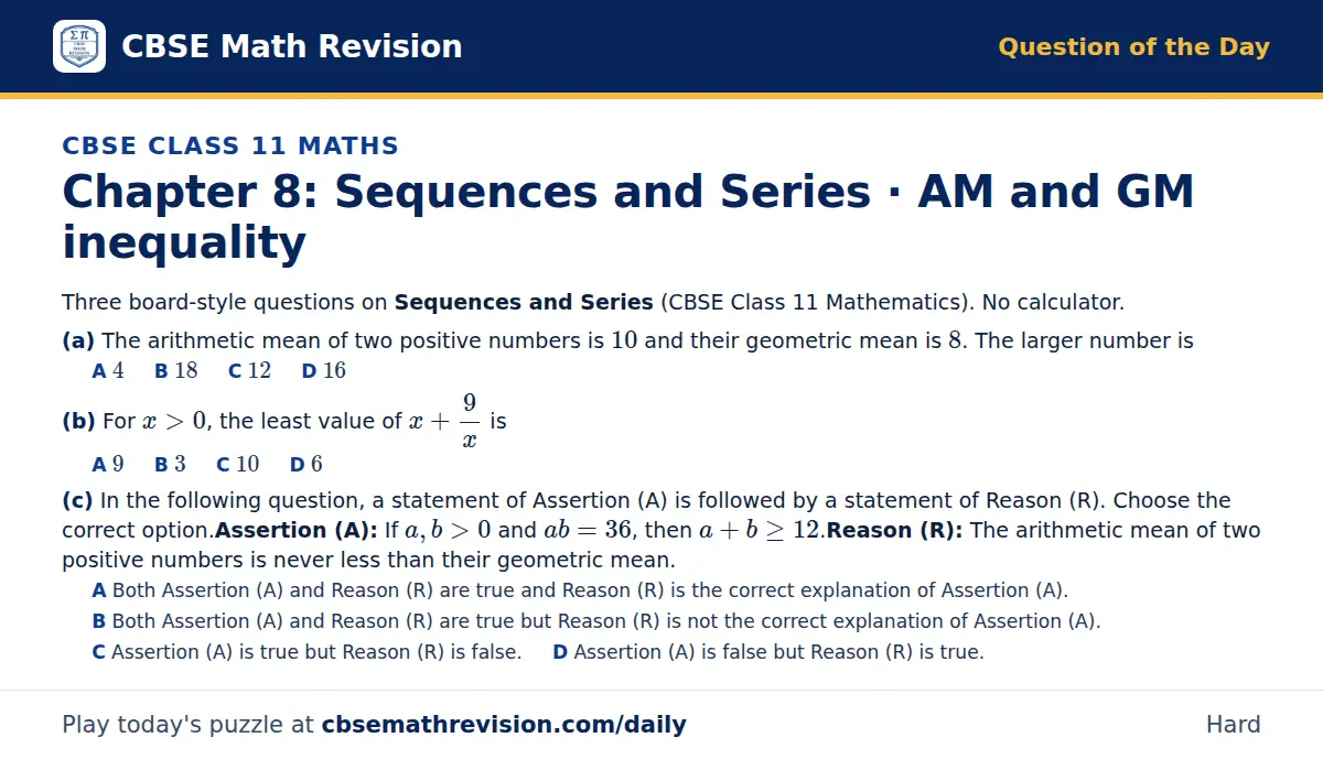 CBSE Class 11 Maths Question of the Day on Sequences and Series · AM and GM inequality, a 3-part multiple-choice question: Three board-style questions on Sequences and Series (CBSE Class 11 Mathematics). No calculator. (a) The arithmetic mean of…