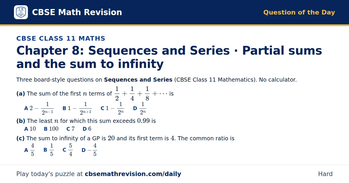 CBSE Class 11 Maths Question of the Day on Sequences and Series · Partial sums and the sum to infinity, a 3-part multiple-choice question: Three board-style questions on Sequences and Series (CBSE Class 11 Mathematics). No calculator. (a) The sum…