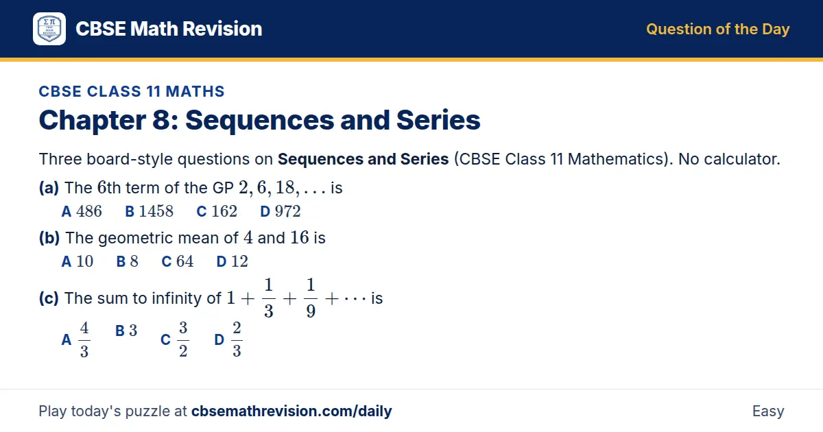 CBSE Class 11 Maths Question of the Day on Sequences and Series, a 3-part multiple-choice question: Three board-style questions on Sequences and Series (CBSE Class 11 Mathematics). No calculator. (a) The 6th term of the GP 2, 6, 18, … is (b) The…