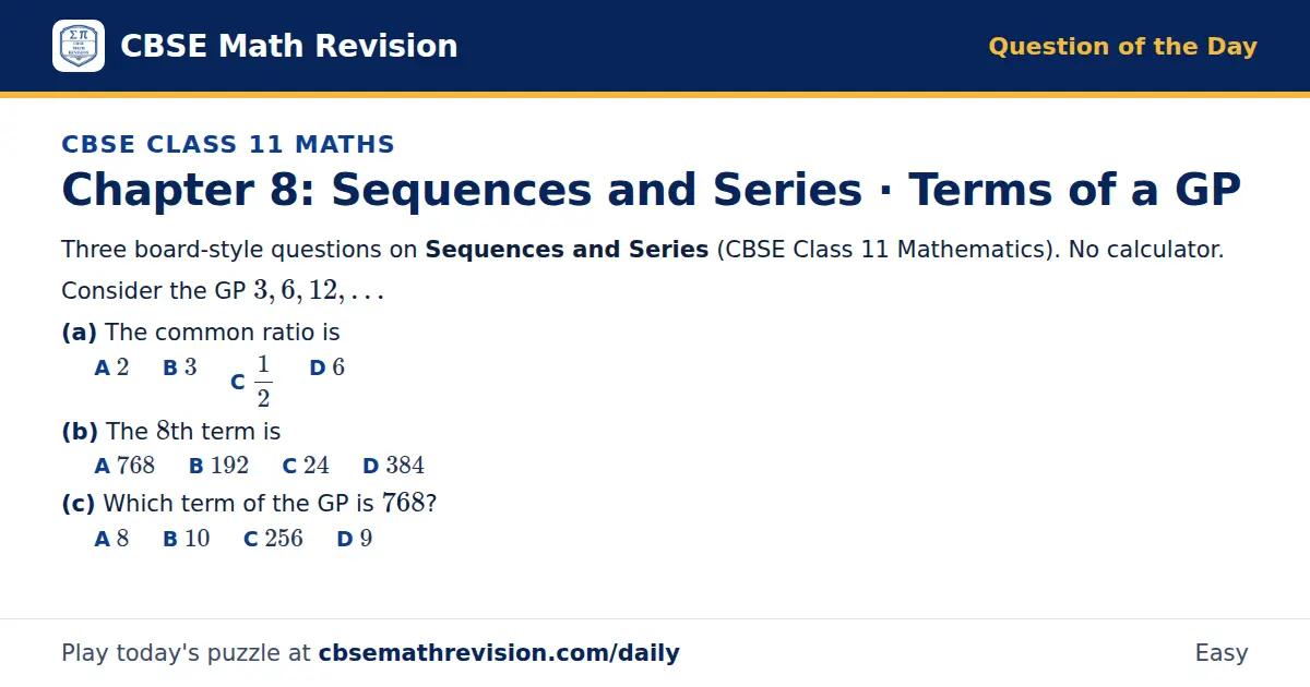 CBSE Class 11 Maths Question of the Day on Sequences and Series · Terms of a GP, a 3-part multiple-choice question: Three board-style questions on Sequences and Series (CBSE Class 11 Mathematics). No calculator. Consider the GP 3, 6, 12, … (a) The…