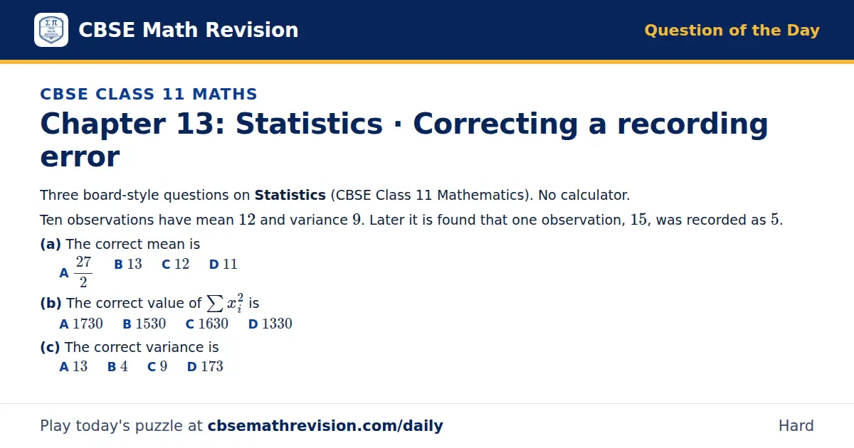 CBSE Class 11 Maths Question of the Day on Statistics · Correcting a recording error, a 3-part multiple-choice question: Three board-style questions on Statistics (CBSE Class 11 Mathematics). No calculator. Ten observations have mean 12 and…