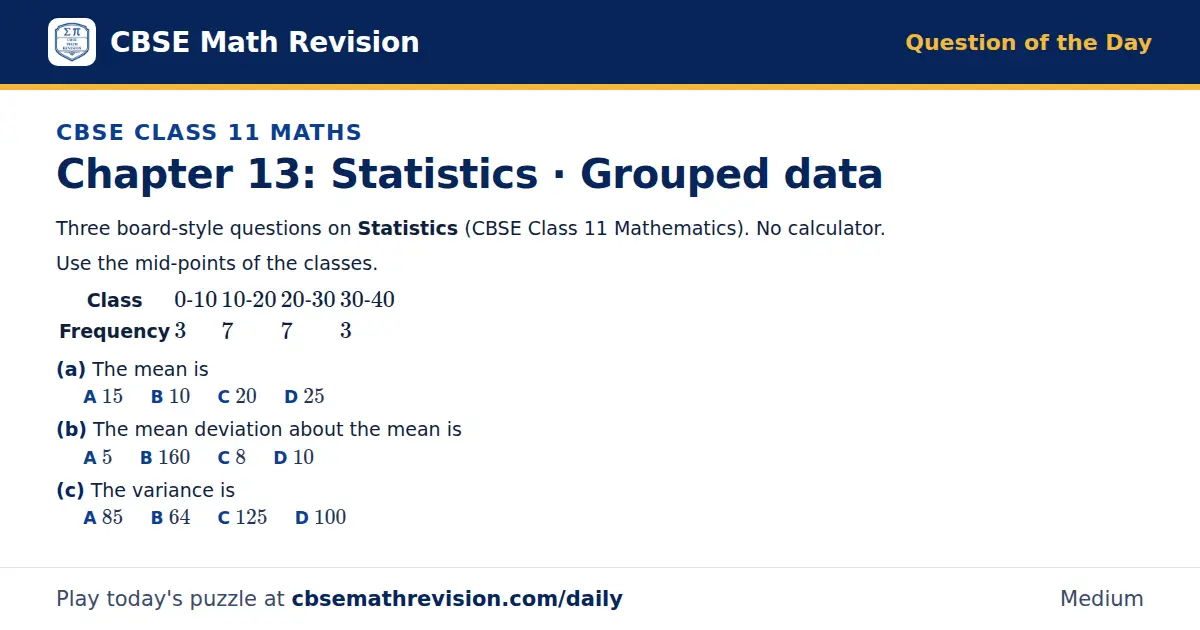 CBSE Class 11 Maths Question of the Day on Statistics · Grouped data, a 3-part multiple-choice question: Three board-style questions on Statistics (CBSE Class 11 Mathematics). No calculator. Use the mid-points of the classes.…