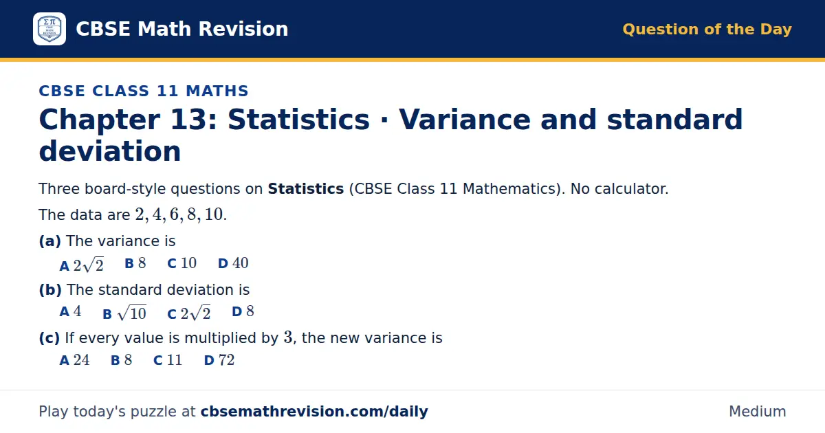 CBSE Class 11 Maths Question of the Day on Statistics · Variance and standard deviation, a 3-part multiple-choice question: Three board-style questions on Statistics (CBSE Class 11 Mathematics). No calculator. The data are 2, 4, 6, 8, 10. (a) The…