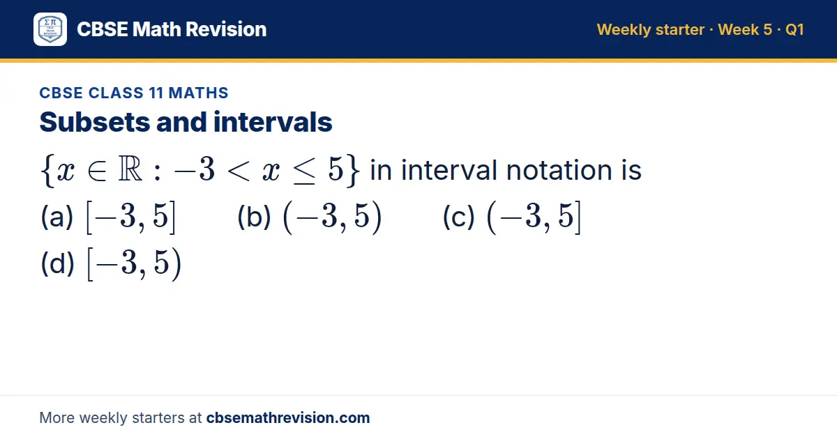 CBSE Class 11 Maths starter question on Subsets and intervals: x ∈ ℝ: -3 < x ≤ 5 in interval notation is (a) [-3, 5] (b) (-3, 5) (c) (-3, 5] (d) [-3, 5)
