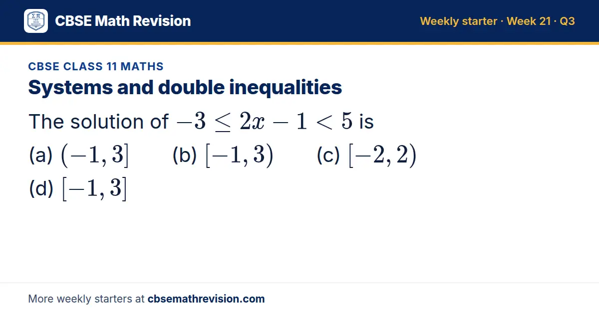 CBSE Class 11 Maths starter question on Systems and double inequalities: The solution of -3 ≤ 2x - 1 < 5 is (a) (-1, 3] (b) [-1, 3) (c) [-2, 2) (d) [-1, 3]