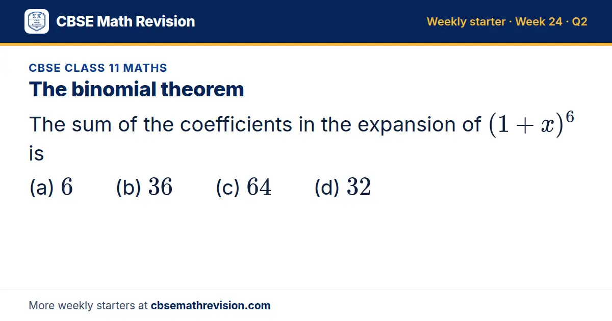 CBSE Class 11 Maths starter question on The binomial theorem: The sum of the coefficients in the expansion of (1 + x)⁶ is (a) 6 (b) 36 (c) 64 (d) 32