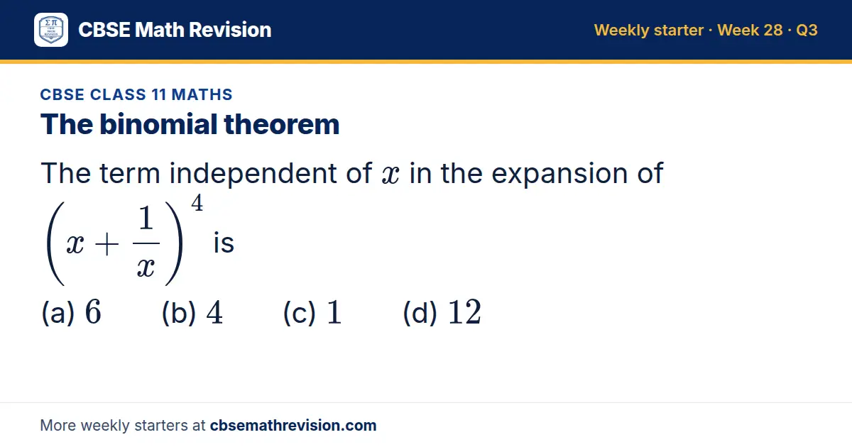 CBSE Class 11 Maths starter question on The binomial theorem: The term independent of x in the expansion of (x + 1x)⁴ is (a) 6 (b) 4 (c) 1 (d) 12