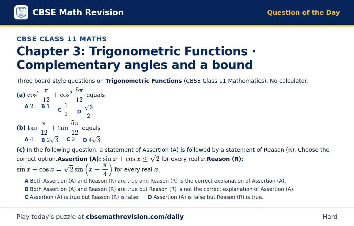 CBSE Class 11 Maths Question of the Day on Trigonometric Functions · Complementary angles and a bound, a 3-part multiple-choice question: Three board-style questions on Trigonometric Functions (CBSE Class 11 Mathematics). No calculator. (a)…