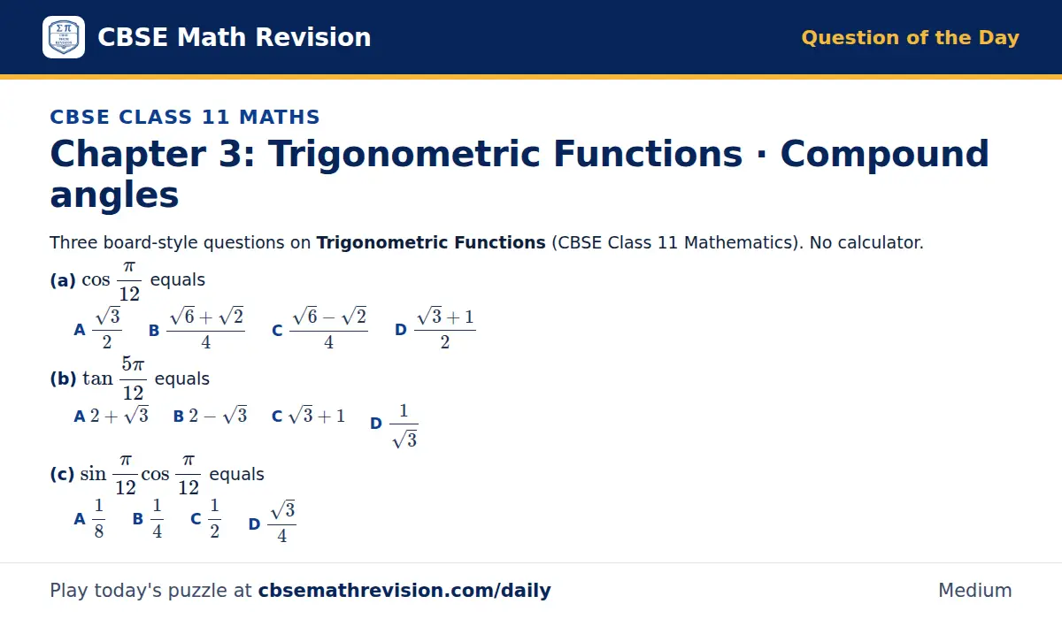CBSE Class 11 Maths Question of the Day on Trigonometric Functions · Compound angles, a 3-part multiple-choice question: Three board-style questions on Trigonometric Functions (CBSE Class 11 Mathematics). No calculator. (a) cos(π)/12 equals (b)…
