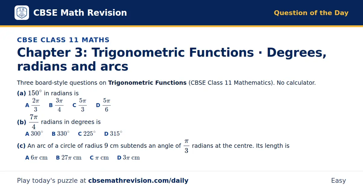CBSE Class 11 Maths Question of the Day on Trigonometric Functions · Degrees, radians and arcs, a 3-part multiple-choice question: Three board-style questions on Trigonometric Functions (CBSE Class 11 Mathematics). No calculator. (a) 150^∘ in…