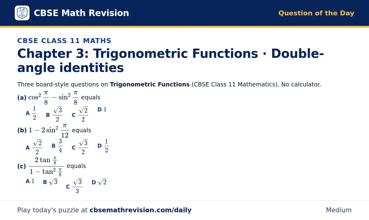CBSE Class 11 Maths Question of the Day on Trigonometric Functions · Double-angle identities, a 3-part multiple-choice question: Three board-style questions on Trigonometric Functions (CBSE Class 11 Mathematics). No calculator. (a) cos²(π)/8…