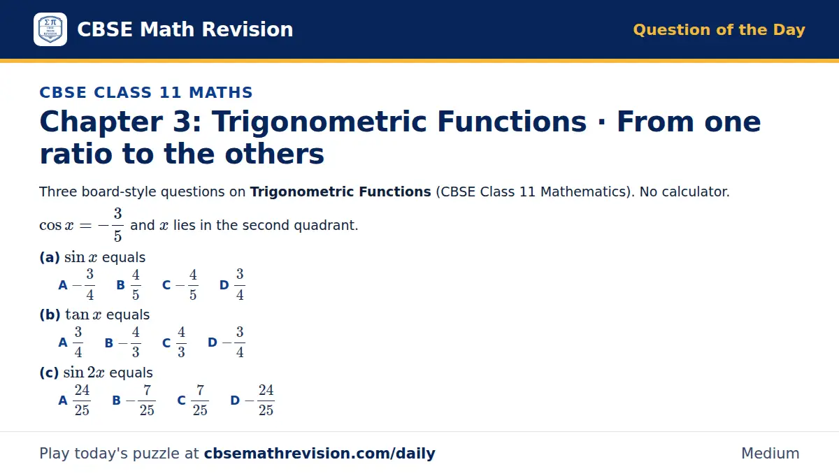 CBSE Class 11 Maths Question of the Day on Trigonometric Functions · From one ratio to the others, a 3-part multiple-choice question: Three board-style questions on Trigonometric Functions (CBSE Class 11 Mathematics). No calculator. cos x = -35 and…