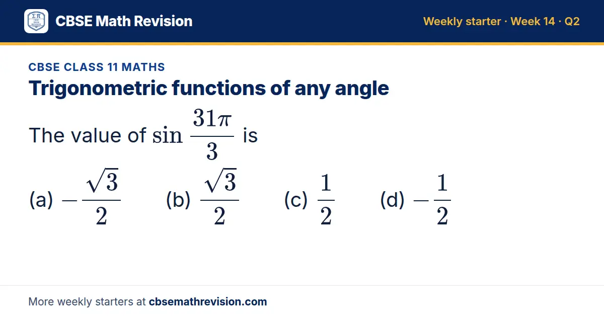 CBSE Class 11 Maths starter question on Trigonometric functions of any angle: The value of sin(31π)/3 is (a) -(√3)/2 (b) (√3)/2 (c) 12 (d) -12