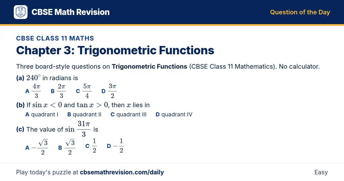 CBSE Class 11 Maths Question of the Day on Trigonometric Functions, a 3-part multiple-choice question: Three board-style questions on Trigonometric Functions (CBSE Class 11 Mathematics). No calculator. (a) 240^∘ in radians is (b) If sin x < 0 and…