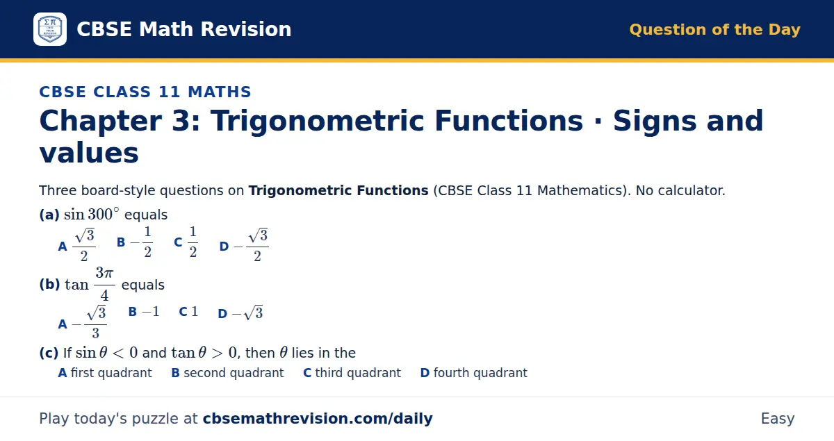 CBSE Class 11 Maths Question of the Day on Trigonometric Functions · Signs and values, a 3-part multiple-choice question: Three board-style questions on Trigonometric Functions (CBSE Class 11 Mathematics). No calculator. (a) sin 300^∘ equals (b)…