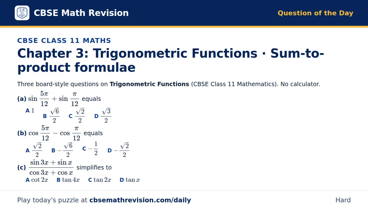 CBSE Class 11 Maths Question of the Day on Trigonometric Functions · Sum-to-product formulae, a 3-part multiple-choice question: Three board-style questions on Trigonometric Functions (CBSE Class 11 Mathematics). No calculator. (a) sin(5π)/12 +…