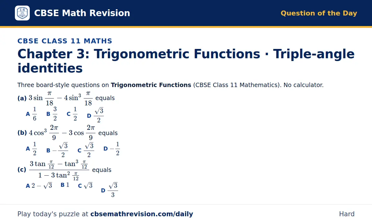 CBSE Class 11 Maths Question of the Day on Trigonometric Functions · Triple-angle identities, a 3-part multiple-choice question: Three board-style questions on Trigonometric Functions (CBSE Class 11 Mathematics). No calculator. (a) 3sin(π)/18…