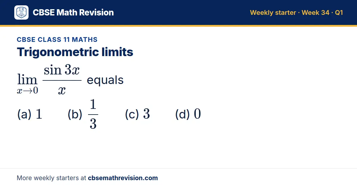 CBSE Class 11 Maths starter question on Trigonometric limits: lim_x → 0 (sin 3x)/x equals (a) 1 (b) 13 (c) 3 (d) 0