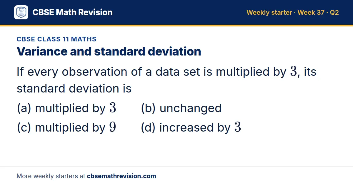 CBSE Class 11 Maths starter question on Variance and standard deviation: If every observation of a data set is multiplied by 3, its standard deviation is (a) multiplied by 3 (b) unchanged (c) multiplied by 9 (d) increased by 3