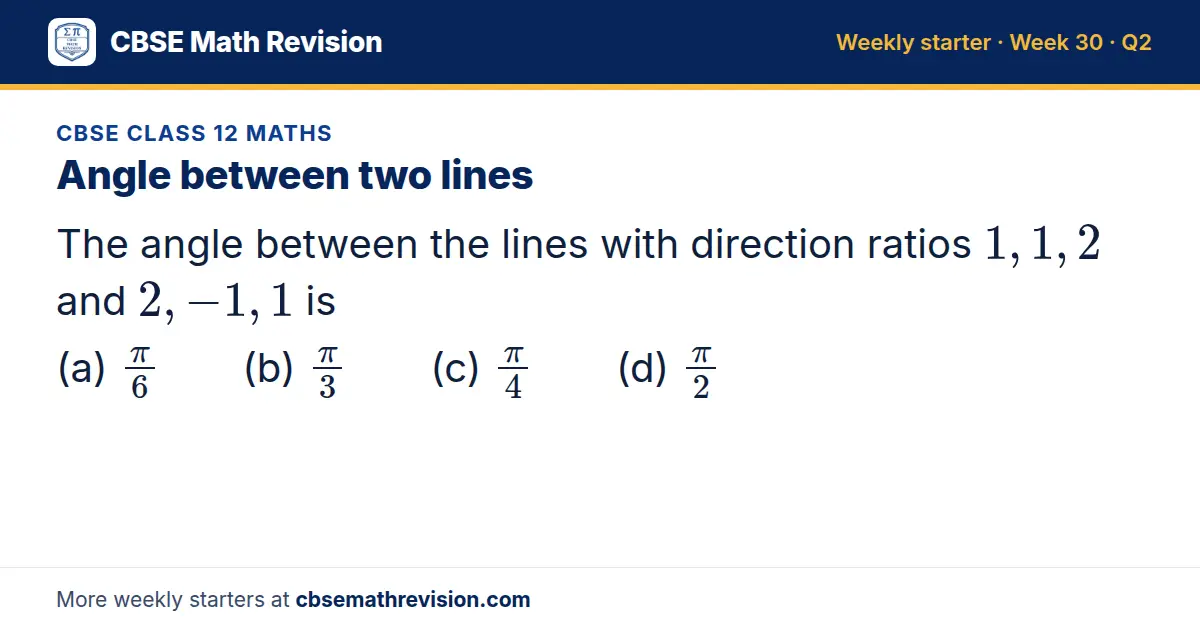 CBSE Class 12 Maths starter question on Angle between two lines: The angle between the lines with direction ratios 1, 1, 2 and 2, -1, 1 is (a) π6 (b) π3 (c) π4 (d) π2