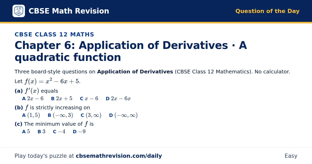 CBSE Class 12 Maths Question of the Day on Application of Derivatives · A quadratic function, a 3-part multiple-choice question: Three board-style questions on Application of Derivatives (CBSE Class 12 Mathematics). No calculator. Let f(x) = x²…
