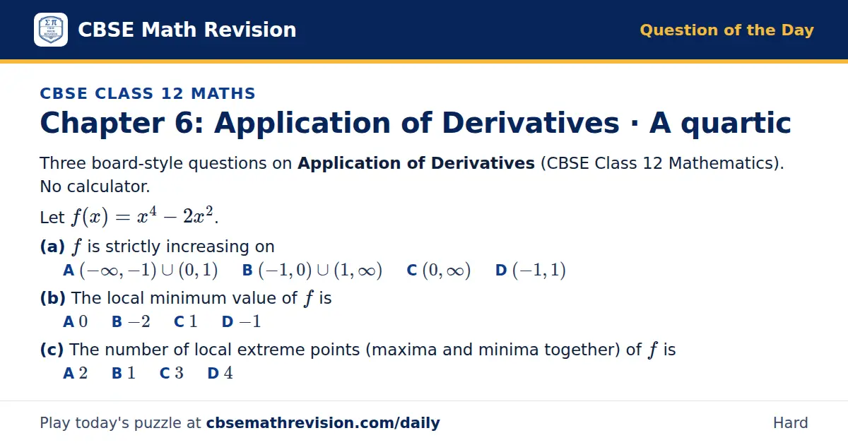 CBSE Class 12 Maths Question of the Day on Application of Derivatives · A quartic, a 3-part multiple-choice question: Three board-style questions on Application of Derivatives (CBSE Class 12 Mathematics). No calculator. Let f(x) = x⁴ - 2x^2. (a) f…