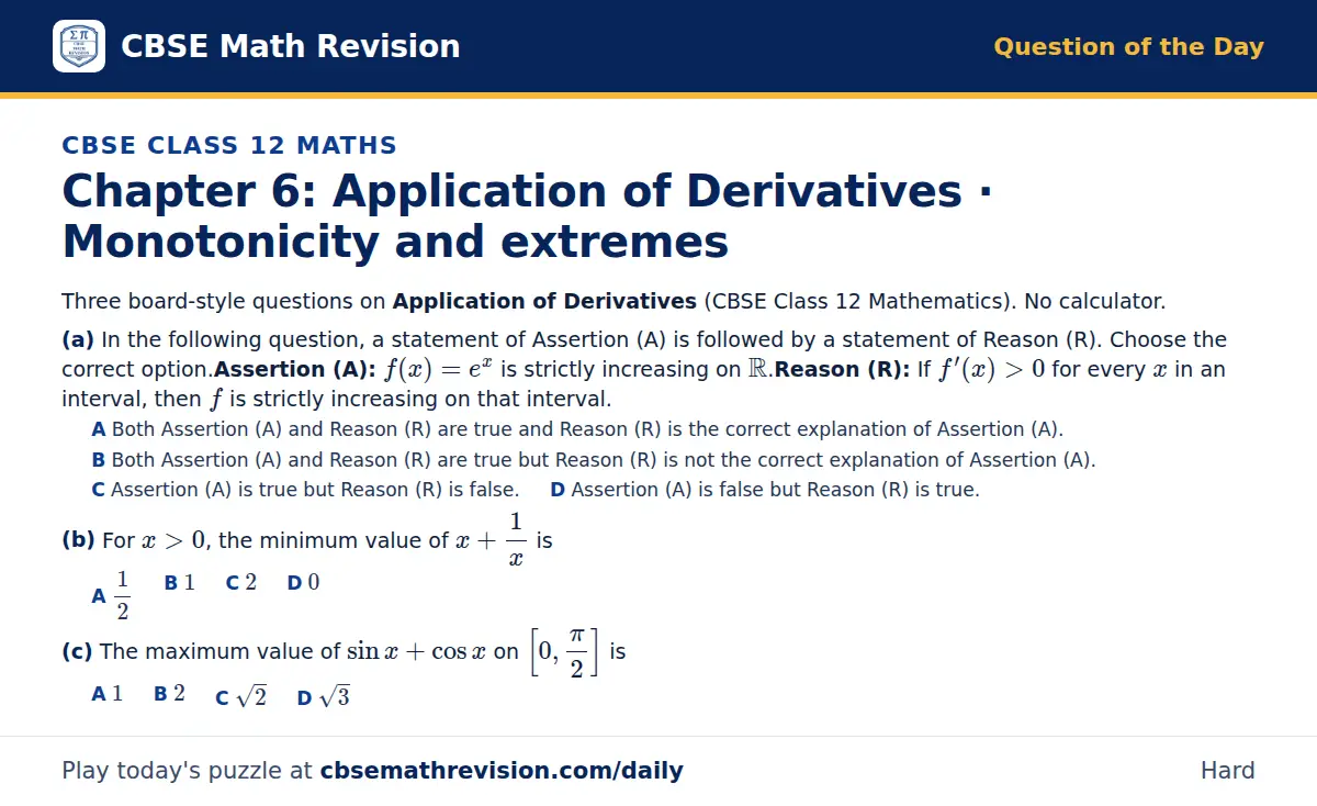 CBSE Class 12 Maths Question of the Day on Application of Derivatives · Monotonicity and extremes, a 3-part multiple-choice question: Three board-style questions on Application of Derivatives (CBSE Class 12 Mathematics). No calculator. (a) In the…