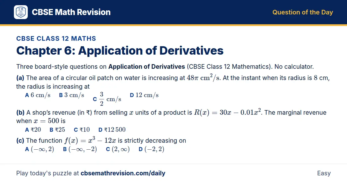 CBSE Class 12 Maths Question of the Day on Application of Derivatives, a 3-part multiple-choice question: Three board-style questions on Application of Derivatives (CBSE Class 12 Mathematics). No calculator. (a) The area of a circular oil patch on…
