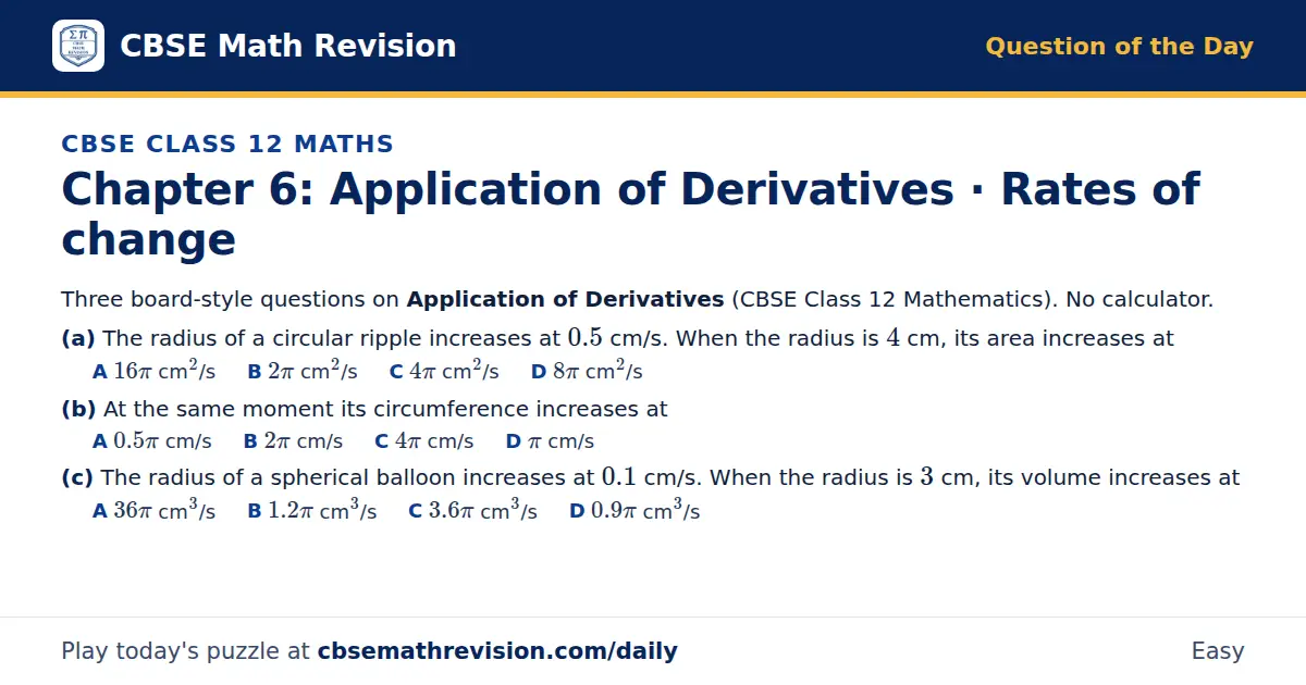 CBSE Class 12 Maths Question of the Day on Application of Derivatives · Rates of change, a 3-part multiple-choice question: Three board-style questions on Application of Derivatives (CBSE Class 12 Mathematics). No calculator. (a) The radius of a…