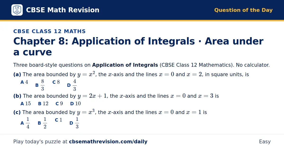 CBSE Class 12 Maths Question of the Day on Application of Integrals · Area under a curve, a 3-part multiple-choice question: Three board-style questions on Application of Integrals (CBSE Class 12 Mathematics). No calculator. (a) The area bounded by…