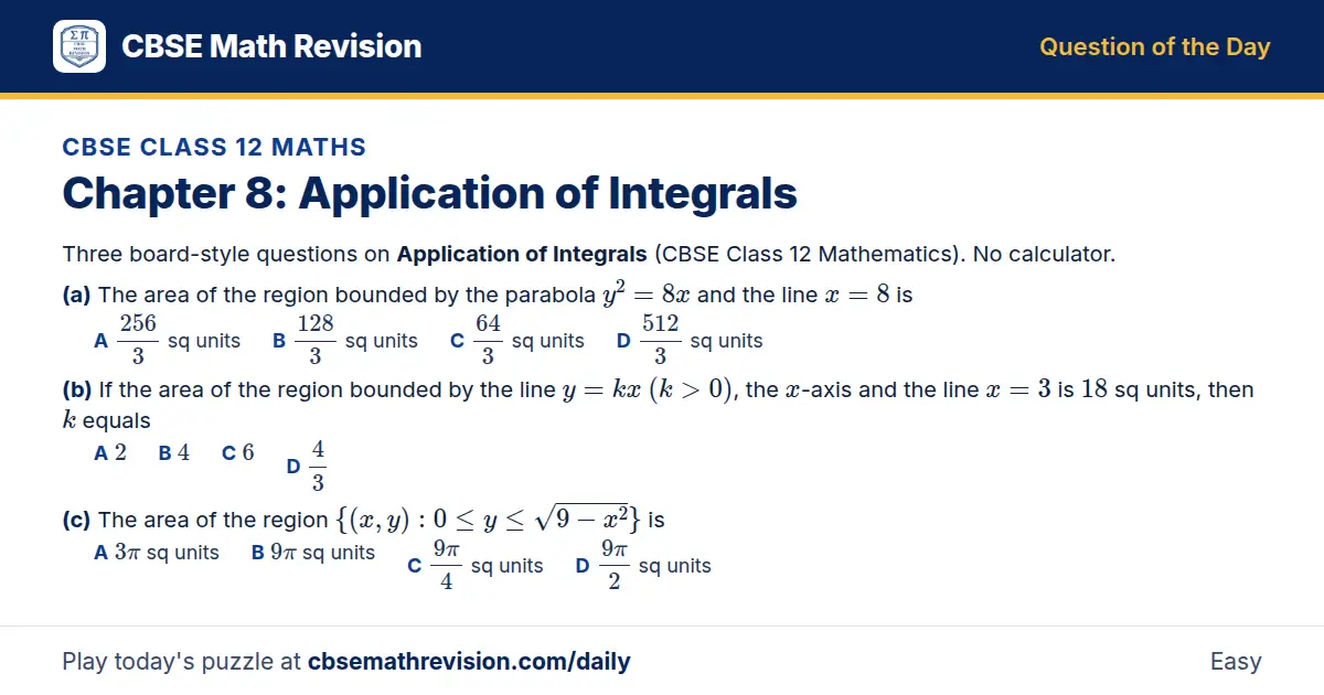 CBSE Class 12 Maths Question of the Day on Application of Integrals, a 3-part multiple-choice question: Three board-style questions on Application of Integrals (CBSE Class 12 Mathematics). No calculator. (a) The area of the region bounded by the…