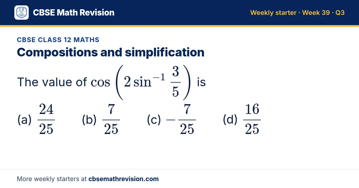 CBSE Class 12 Maths starter question on Compositions and simplification: The value of cos(2sin⁻¹35) is (a) 24/25 (b) 7/25 (c) -7/25 (d) 16/25