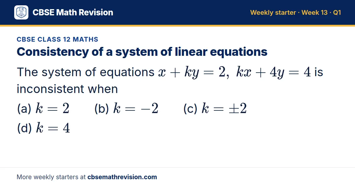 CBSE Class 12 Maths starter question on Consistency of a system of linear equations: The system of equations x + ky = 2, kx + 4y = 4 is inconsistent when (a) k = 2 (b) k = -2 (c) k = ± 2 (d) k = 4