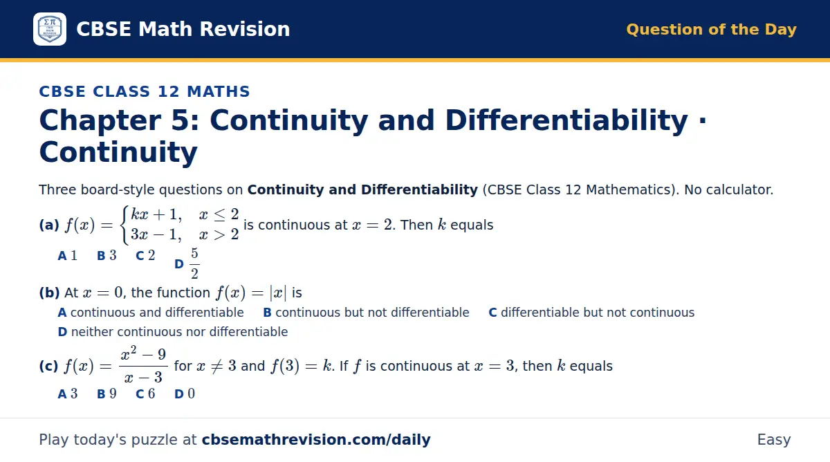 CBSE Class 12 Maths Question of the Day on Continuity and Differentiability · Continuity, a 3-part multiple-choice question: Three board-style questions on Continuity and Differentiability (CBSE Class 12 Mathematics). No calculator. (a) f(x) = kx +…