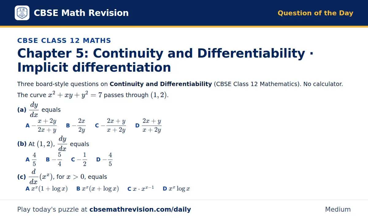CBSE Class 12 Maths Question of the Day on Continuity and Differentiability · Implicit differentiation, a 3-part multiple-choice question: Three board-style questions on Continuity and Differentiability (CBSE Class 12 Mathematics). No calculator.…
